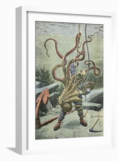 Diver Attacked by an Octopus-French School-Framed Giclee Print