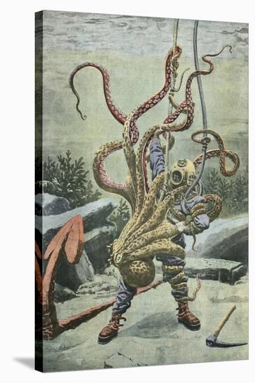 Diver Attacked by an Octopus-French School-Stretched Canvas