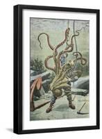 Diver Attacked by an Octopus-French School-Framed Premium Giclee Print