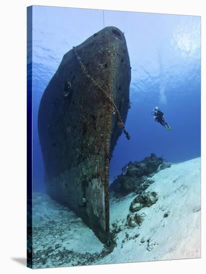 Diver Exploring the Felipe Xicot�Ncatl Shipwreck in Cozumel, Mexico-null-Stretched Canvas