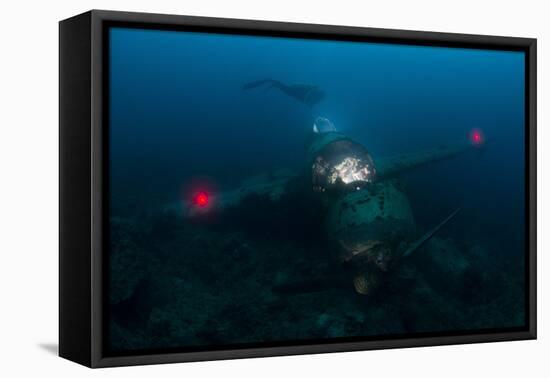 Diver Exploring the Wreck of a Japanese Navy Seaplane in Palau, Micronesia-Stocktrek Images-Framed Stretched Canvas