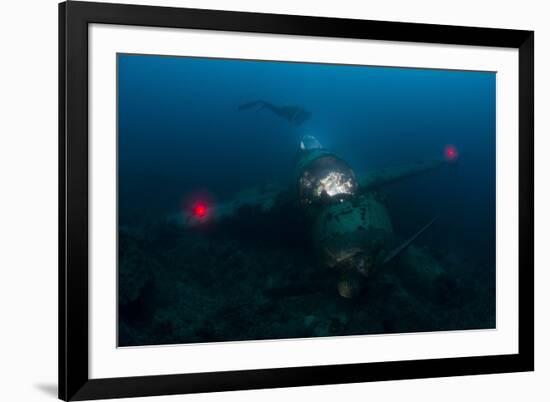 Diver Exploring the Wreck of a Japanese Navy Seaplane in Palau, Micronesia-Stocktrek Images-Framed Photographic Print