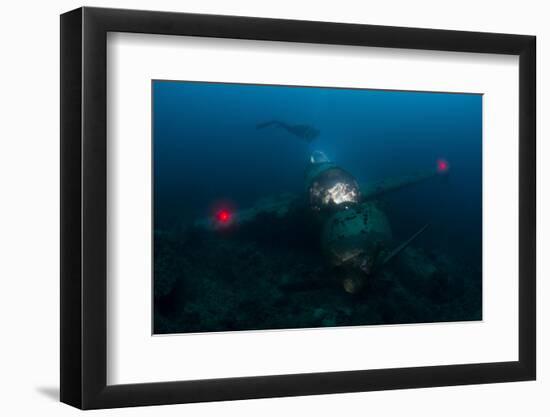 Diver Exploring the Wreck of a Japanese Navy Seaplane in Palau, Micronesia-Stocktrek Images-Framed Premium Photographic Print