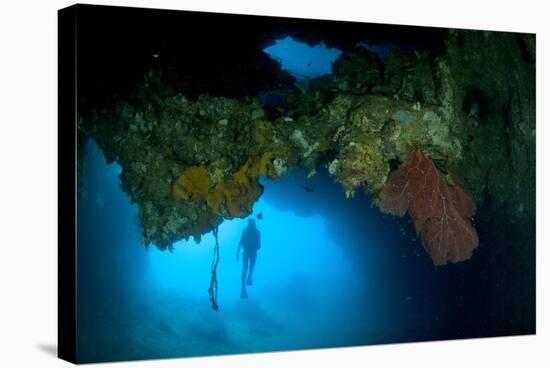 Diver Exploring Underwater Cavern and Caves, Raja Ampat, Indonesia-null-Stretched Canvas