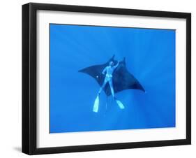 Diver Holds on to Giant Manta Ray, Mexico-Jeffrey Rotman-Framed Premium Photographic Print