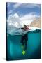 Diver in Front of an Iceberg, Astrolabe Island, Antarctic Peninsula, Antarctica-null-Stretched Canvas