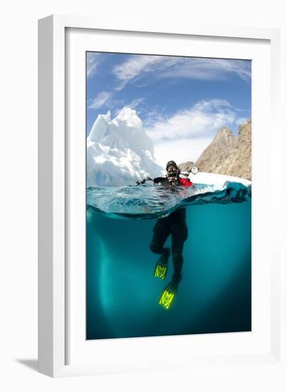 Diver in Front of an Iceberg, Astrolabe Island, Antarctic Peninsula, Antarctica-null-Framed Photographic Print