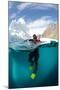 Diver in Front of an Iceberg, Astrolabe Island, Antarctic Peninsula, Antarctica-null-Mounted Photographic Print