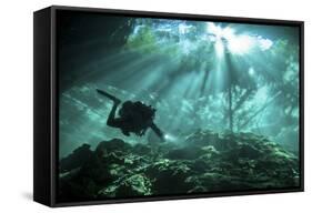 Diver Passes Through Light Beams in Chac Mool Cenote in Mexico-null-Framed Stretched Canvas