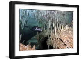 Diver Using Side Mount Gear in Cave in Mexico-null-Framed Photographic Print