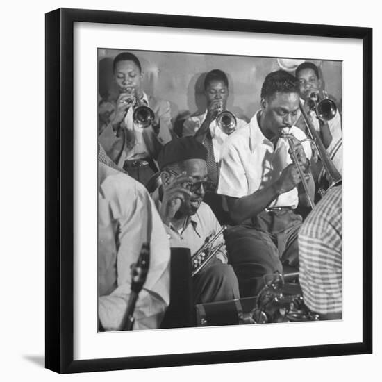 Dizzy Gillespie, "Bebop" King, with His Orchestra at a Jam Session-Allan Grant-Framed Premium Photographic Print