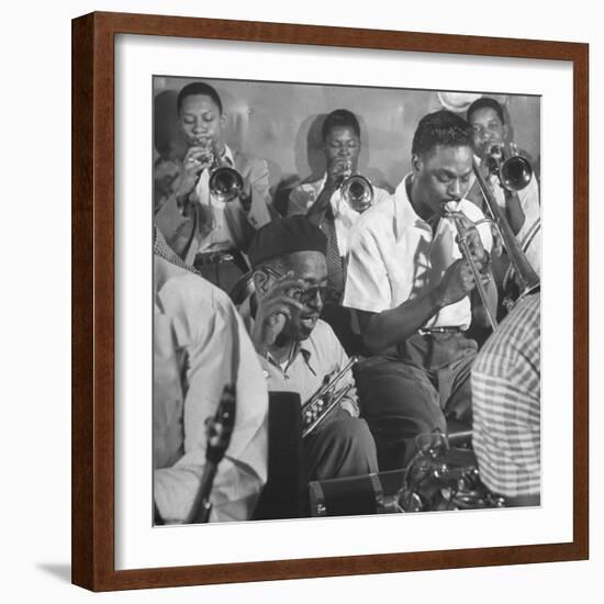 Dizzy Gillespie, "Bebop" King, with His Orchestra at a Jam Session-Allan Grant-Framed Premium Photographic Print