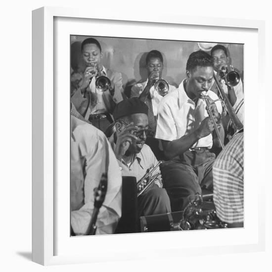 Dizzy Gillespie, "Bebop" King, with His Orchestra at a Jam Session-Allan Grant-Framed Premium Photographic Print