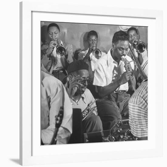 Dizzy Gillespie, "Bebop" King, with His Orchestra at a Jam Session-Allan Grant-Framed Premium Photographic Print