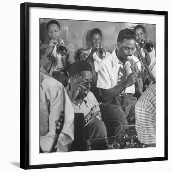 Dizzy Gillespie, "Bebop" King, with His Orchestra at a Jam Session-Allan Grant-Framed Premium Photographic Print