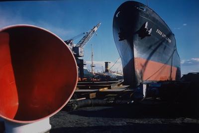 Little Rock Oil Tanker over Ship Ventilator Parts at Sun Shipbuilding and Dry Dock Co. Shipyards