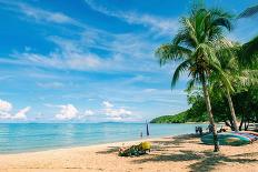 Dream Beach with Palm Trees on the White Sand, Sun Loungers, Turquoise Ocean and Beautiful Clouds I-DMITRII STARTCEV-Laminated Photographic Print