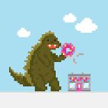 Big Dinosaur Attacking Donut Cafe Cartoon Vector Illustration-dmitriylo-Art Print