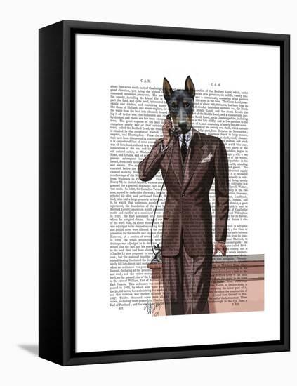 Doberman on Phone-Fab Funky-Framed Stretched Canvas