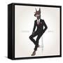 Doberman Pinscher Dog Dressed up in Black Suit - Fashion Animals Illustration-Olga_Angelloz-Framed Stretched Canvas