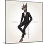 Doberman Pinscher Dog Dressed up in Black Suit - Fashion Animals Illustration-Olga_Angelloz-Mounted Art Print