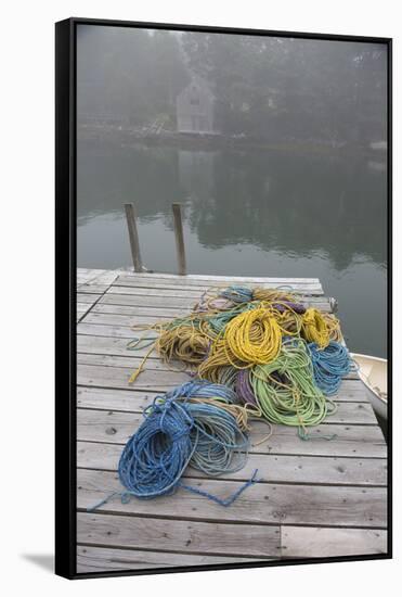 Dock, Lobster Trap Roping, and Boathouse in Fog, New Harbor, Maine, USA-Lynn M^ Stone-Framed Stretched Canvas