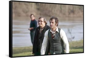 DOCTEUR POPAUL, 1972 directed by CLAUDE CHABROL On the set, Claude Chabrol with Jean-Paul Belmondo -null-Framed Stretched Canvas