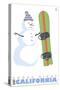 Dodge Ridge, California, Snowman with Snowboard-Lantern Press-Stretched Canvas