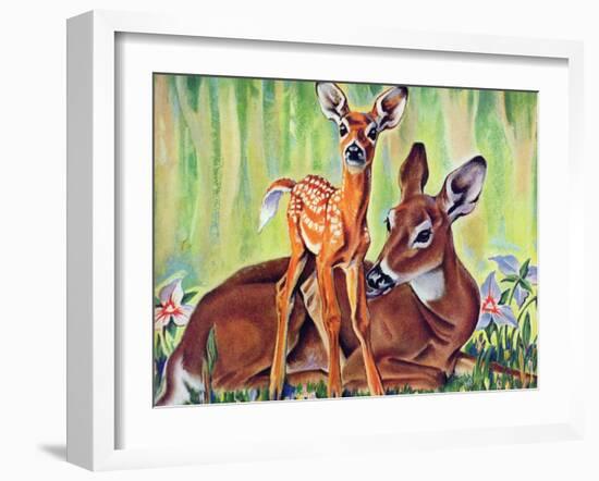 "Doe and Fawn in Forest," June 1, 1940-Paul Bransom-Framed Giclee Print