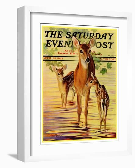 "Doe and Fawns," Saturday Evening Post Cover, April 29, 1933-Jack Murray-Framed Premium Giclee Print