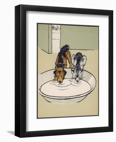 Dog and a Cat Drink Milk from a Large Bowl-Cecil Aldin-Framed Photographic Print