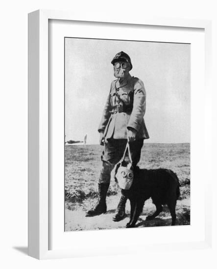 Dog and Handler Wearing Gas Masks at the Battle Front-null-Framed Photographic Print