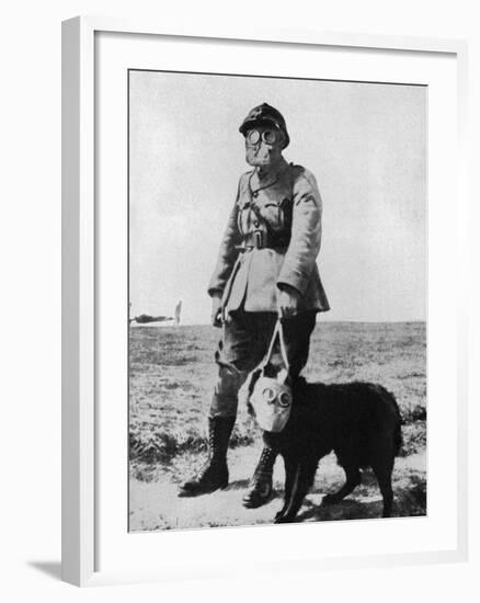 Dog and Handler Wearing Gas Masks at the Battle Front-null-Framed Photographic Print