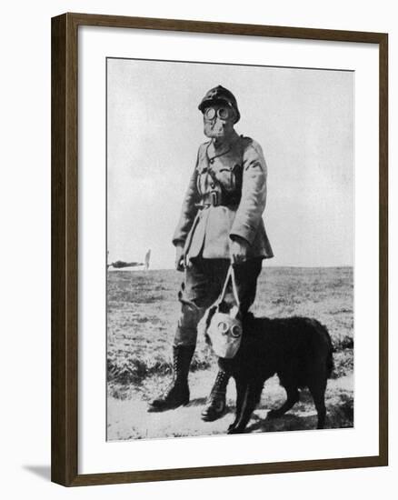 Dog and Handler Wearing Gas Masks at the Battle Front-null-Framed Photographic Print