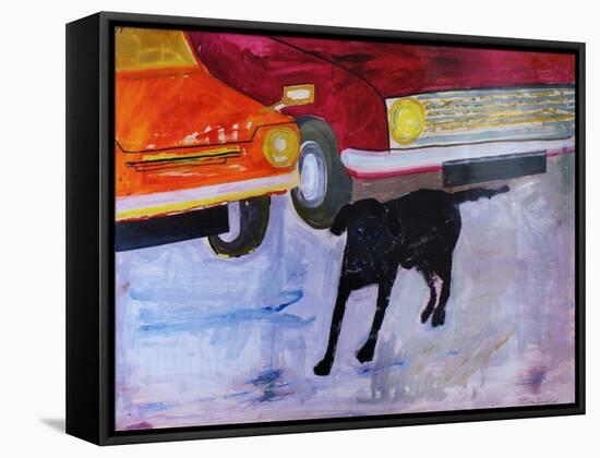 Dog at the Used Car Lot, Rex with Red Car-Brenda Brin Booker-Framed Stretched Canvas