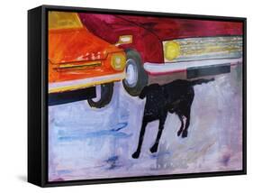 Dog at the Used Car Lot, Rex with Red Car-Brenda Brin Booker-Framed Stretched Canvas