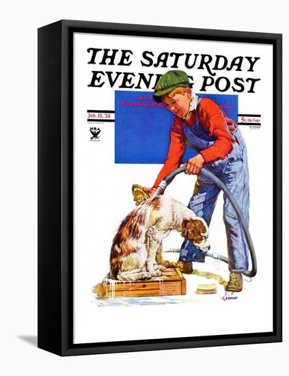 "Dog Bath," Saturday Evening Post Cover, January 13, 1934-J^F^ Kernan-Framed Stretched Canvas