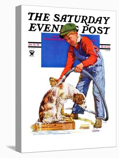 "Dog Bath," Saturday Evening Post Cover, January 13, 1934-J^F^ Kernan-Stretched Canvas