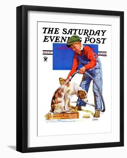 "Dog Bath," Saturday Evening Post Cover, January 13, 1934-J^F^ Kernan-Framed Giclee Print