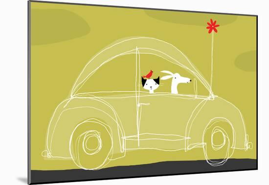 Dog, Cat, Bird in Car-null-Mounted Poster