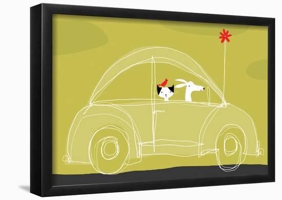 Dog, Cat, Bird in Car-null-Framed Poster