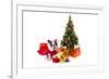 Dog Dressed Up in Santa Costume under Christmas Tree-Patryk Kosmider-Framed Photographic Print