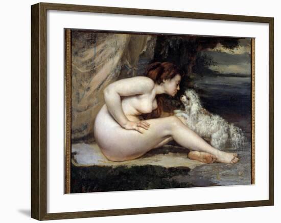 Dog Naked Woman. Portrait of Leontine Renaude. Painting by Gustave Courbet (1819-1877), 1861. Oil O-Gustave Courbet-Framed Giclee Print