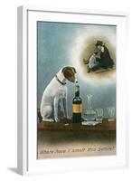 Dog Reminiscing with Whisky Bottle-null-Framed Art Print