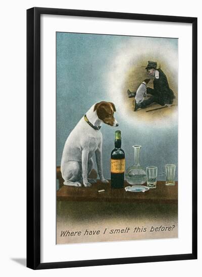 Dog Reminiscing with Whisky Bottle-null-Framed Art Print