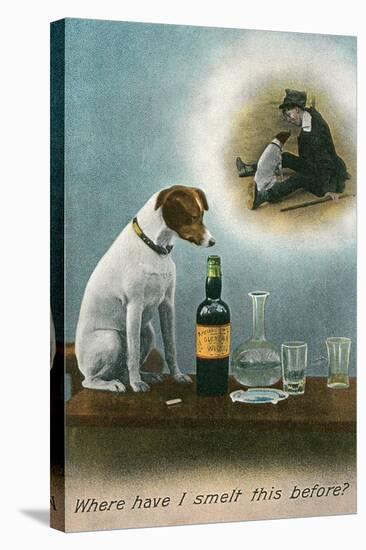 Dog Reminiscing with Whisky Bottle-null-Stretched Canvas