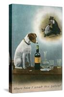 Dog Reminiscing with Whisky Bottle-null-Stretched Canvas