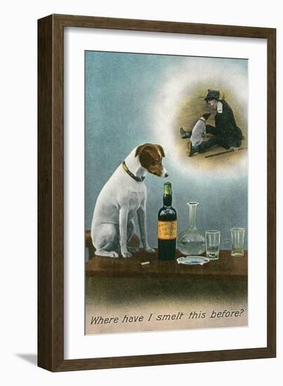 Dog Reminiscing with Whisky Bottle-null-Framed Art Print