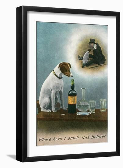 Dog Reminiscing with Whisky Bottle-null-Framed Art Print