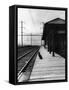 Dog Waiting at Empty Railroad Platform-null-Framed Stretched Canvas